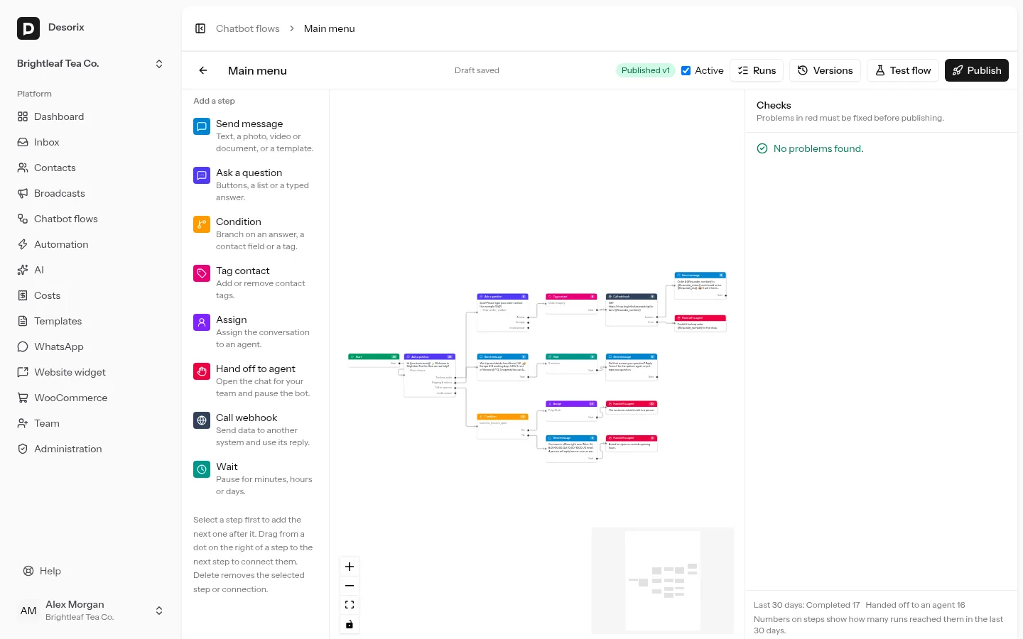 The flow builder with the Main menu flow