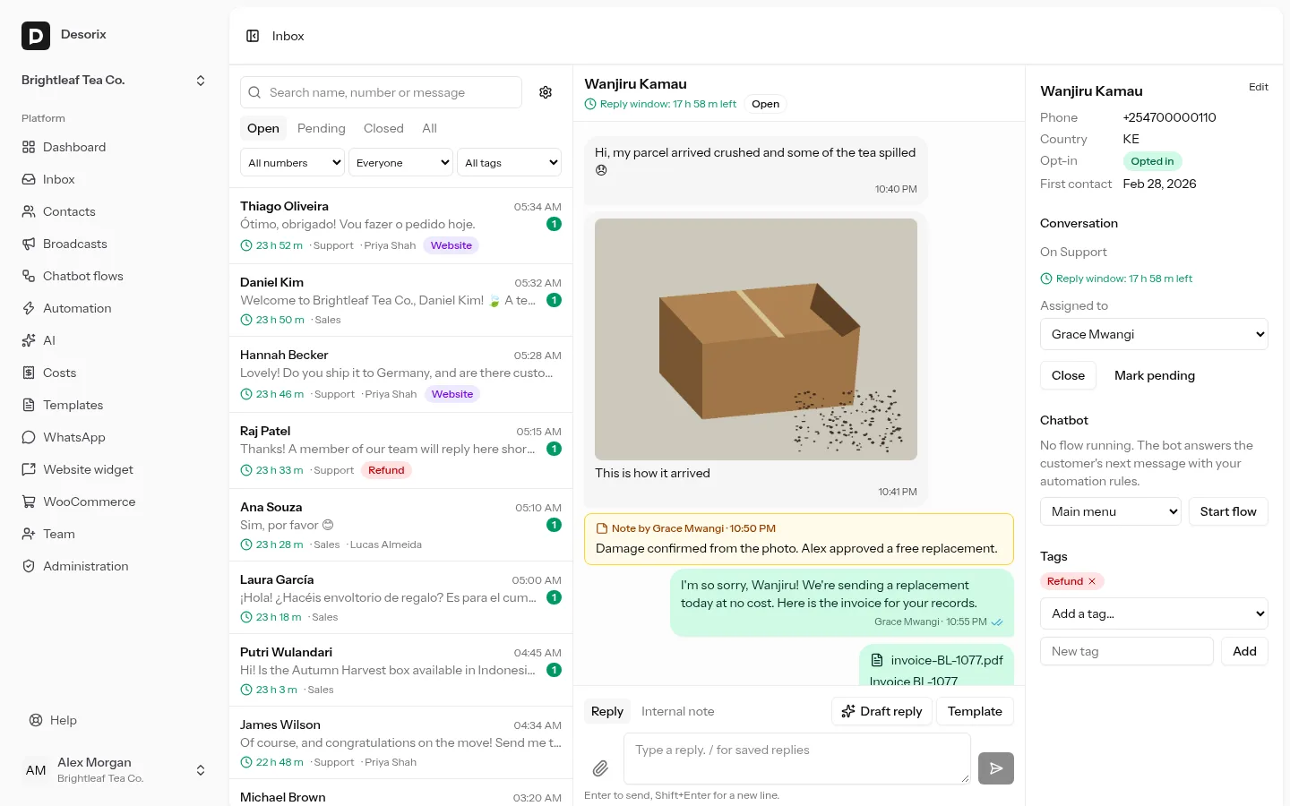 A conversation with a photo, an internal note and a PDF invoice