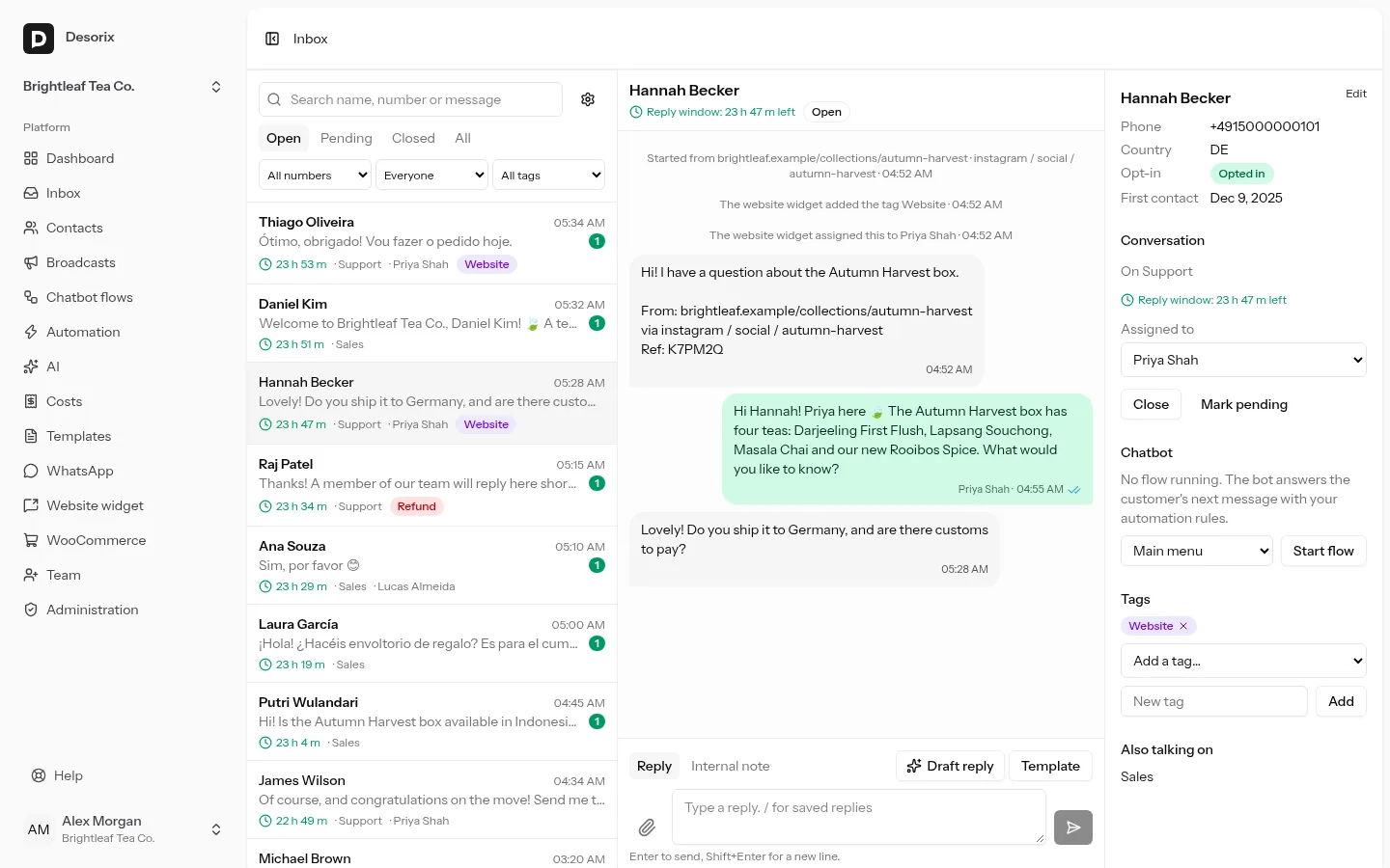 The Desorix inbox: a conversation that started from the website widget