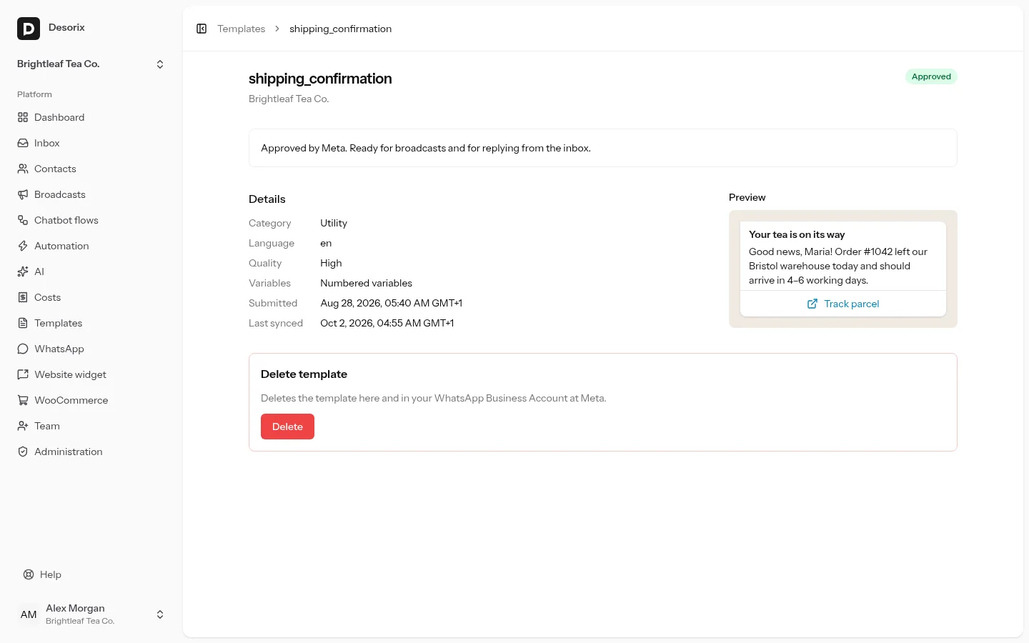 A template with its live preview