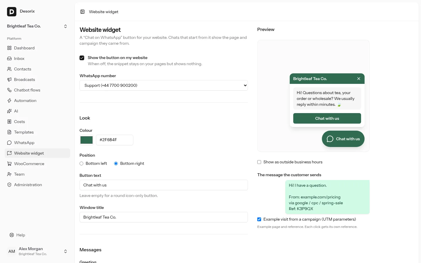 Widget settings with the live preview and the message the customer sends