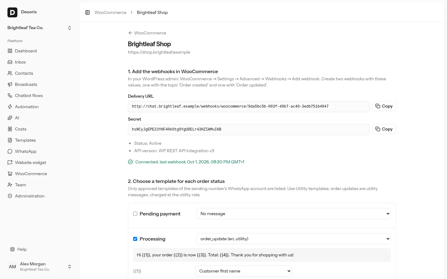 A connected store with a template per order status